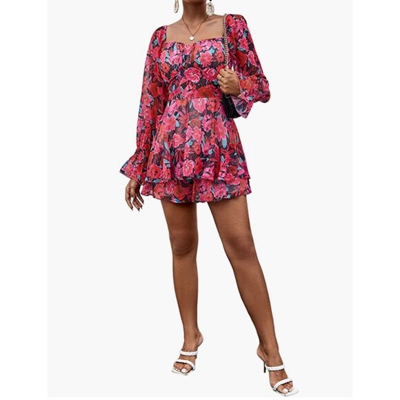 Pink & Blue Floral Rose Printed Chiffon Ruffle Long Sleeve Romper Short Playsuit - Picture 5 of 6